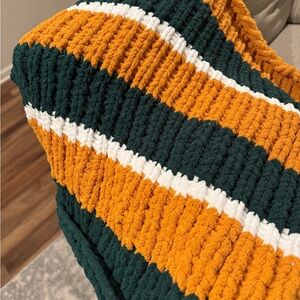 Striped Chunky Knit Blanket in Green, Gold, and White